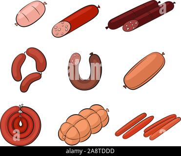 Set of Food, Sausages, Meat and Chicken Rolls Isolated on White Background. Vector Stock Vector