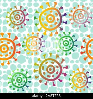 Seamless Pattern with Symbolical Suns Rings on Abstract Tile Green and White Background. Vector Stock Vector