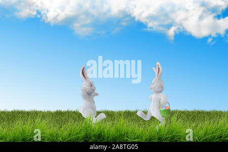 Easter Egg hunt morning scene with colorful and rich eggs and funny bunnies over green grasses under blue sky. 3D rendering. Stock Photo