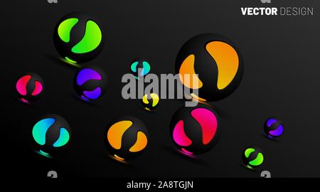 abstract vector background. 3D spherical circle glows on a dark background. Illustration of design in EPS 10 Stock Vector