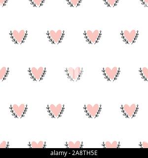 Doodle Hearts seamless vector background hand drawn. Pink heart shapes between leaf branches. Use for Valentines day, card decoration, fabric Stock Vector