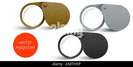 Realistic metallic modern folding magnifier set. Vector magnifying glass lens. Brass, silver and iron tool Isolated On white Background. Optical Stock Vector
