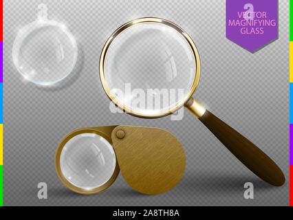 Realistic classic retro magnifying glass set. Vector Magnifier lens tool. Wooden Handle and golden Rim Isolated On transparent Background. Optical Stock Vector