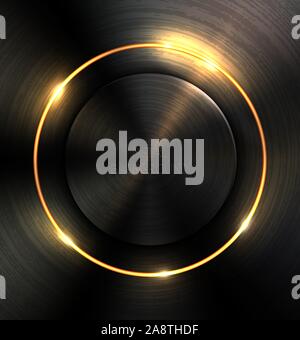 Vector dark realistic textured polished metal backgrund. Yellow neon light tech industrial design. Black brushed plate. Stock Vector