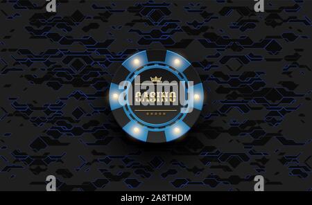 Vector blue casino poker chip with luminous light elements. Black silk hi-tech background. Blackjack or online casino web banner, logo or icon. Stock Vector