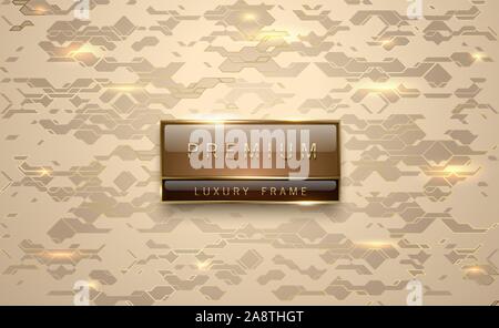 Premium brown label with golden frame on metallic gold geometric background golden lines. Vip luxury logo template. Vector illustration. Stock Vector
