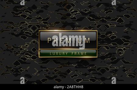 Premium black green label with golden frame on black geometric background golden lines. Dark luxury logo template. Vector illustration. Stock Vector