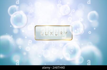 Transparent soap bubbles blue background defocused elements. Vector light flare and sparks clear premium background. Cleaning design with golden Stock Vector