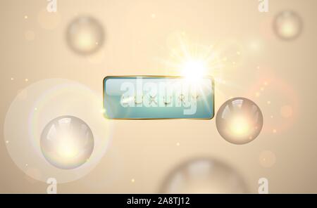Vector light luxury banner. Golden text on gren glass rectangular label frame. Gold background with glow glossy ball decoration and lens sun flare Stock Vector