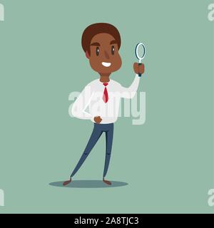 African Manager character looking through a magnifying glass. Stock Vector