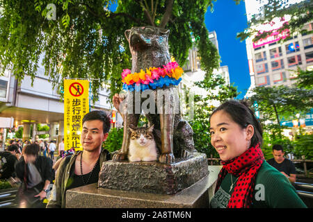 Hachiko monument, view of bronze statue of Hachiko at Shibuya Station. Hachiko was a famous dog who waited for owner after his death. Shibuya, Tokyo, Stock Photo