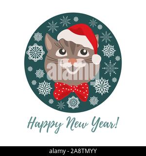 Merry Christmas and Happy New Year. Isolated smiling cartoon face of cat in a Christmas hat in circle. Cute vector illustration. Stock Vector