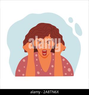 Women emotional portrait, hand drawn flat design concept illustration of angry girl, female face and clenched fists avatar. Vector icon Stock Vector