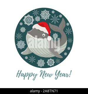 Merry Christmas and Happy New Year. Isolated smiling cartoon whale in Christmas hat in circle. Cute vector illustration. Stock Vector