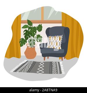 Interior of a cozy Scandinavian style room with a soft gray armchair with a decorative pillow, yellow curtains, a knitted rug and a large flower pot Stock Vector