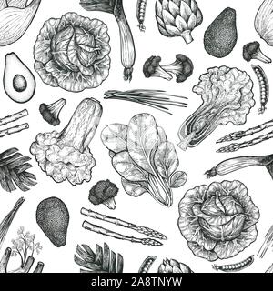 Green vegetables seamless pattern. Hand drawn vector food illustration. Engraved style vegetable frame. Vintage botanical banner. Stock Vector