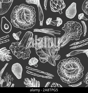 Green vegetables seamless pattern. Hand drawn vector food illustration on chalk board. Engraved style vegetable frame. Vintage botanical banner. Stock Vector