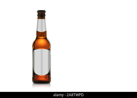 Bottle of beautiful amber colored beer with empty sticker isolated on white background. With clipping path. Stock Photo