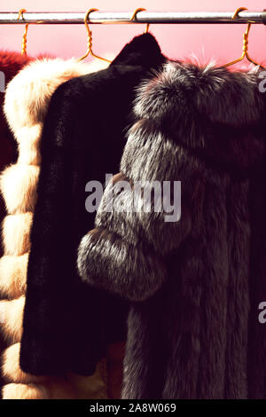 fashionable luxurious waist coats of fur hanging on rack on golden hangers on red studio background Stock Photo