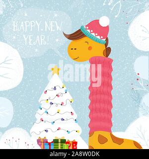Giraffe in Knitted Hat and Scarf Stand at Decorated Christmas Tree with Gifts on Winter Snowy Background, Merry Xmas Greeting Card Kawaii Animal New Y Stock Vector