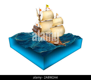 Cross section of clean ocean water isolated on white background with model of historic ship Spanish Galleon. 3D render illustration. Stock Photo