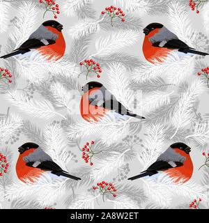 Seamless pattern with bullfinches, rowan berries and fir branches. Vector illustration Stock Vector