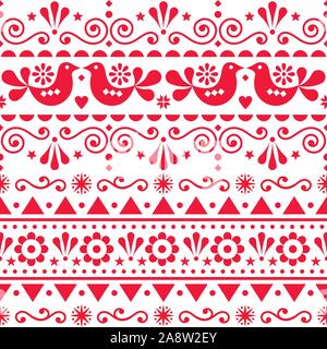 Scandinavian seamless vector pattern folk art style, repetitive cute Nordic design with birds in red on white background Stock Vector