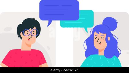 Illustrations of man and woman in ordinary images. Vector. The couple communicates on the Internet or live. Chatting young people. Avatars of a girl a Stock Vector
