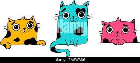 Illustration of a cute kitty. Vector. Colored cute cats. Flat kawaii style. Heroes for postcards. Mascot for the company, drawing for t-shirts and gre Stock Vector