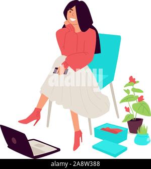 Illustration of a cute girl sitting in a chair. Vector. Female shopper, shopaholic makes purchases on the Internet. Fashionable casual girl. Flat styl Stock Vector