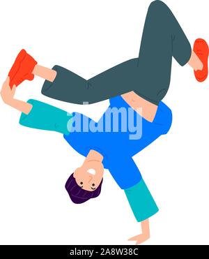 Illustration of a guy dancing upside down. Vector. A young dancer is standing on one arm. Flat style. Image isolated on a white background. Booty to t Stock Vector