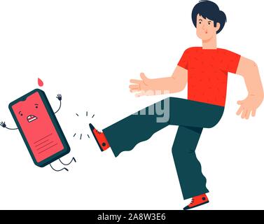 Illustration of a guy kicking a smartphone. Vector. The ban on the use of cell phones. Flat style. Say no to zombie mobile devices. Get free from the Stock Vector