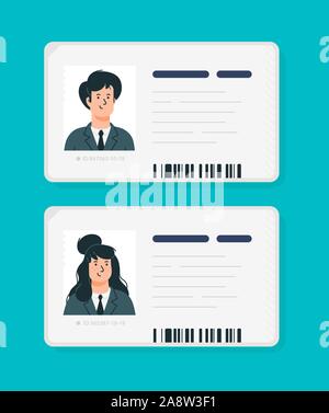 Plastic identification cards of a woman and a man. Vector. Car driver license isolated on a blue background. Flat cartoon style. Student, corporate pa Stock Vector