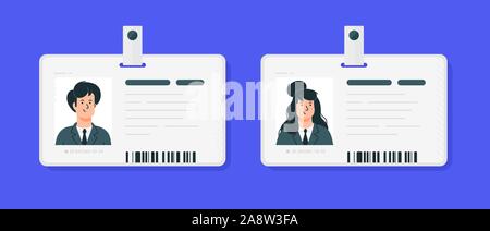 Plastic identification cards of a woman and a man. Vector. Car driver license isolated on a blue background. Flat cartoon style. Student, corporate pa Stock Vector