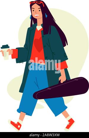 Illustration of a girl with cappuccino coffee. Vector. A woman runs to a rehearsal in the morning. Everyday musician. An invigorating morning coffee. Stock Vector