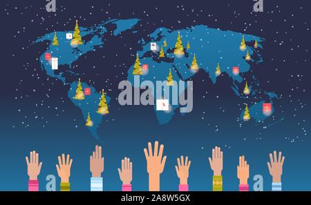 world map with gift present boxes raised up mix race hands merry christmas happy new year holiday celebration concept flat horizontal vector illustration Stock Vector