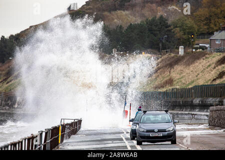 Colwyn Bay, North Wales, UK. 11th November 2019. Uk Weather  Wet and windy at for many today with dangerous conditions on coastal areas with high tides causing huge waves as seen at Colwyn Bay in North Wales Credit: DGDImages/Ģ����ý Live News Stock Photo