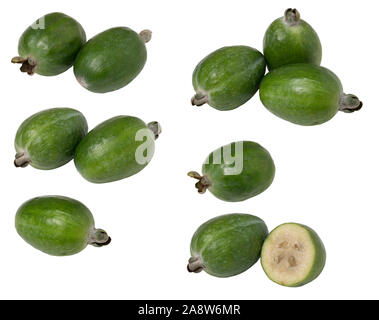 Set tropical fruit feijoa whole and cut in half, isolated on white background. Stock Photo