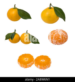 Set of fresh ripe tangerines isolated on white background. Close up view. Stock Photo