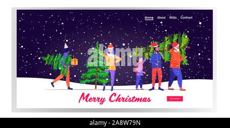 people carrying freshly cut down christmas tree winter holidays celebration concept snowfall landscape background greeting card horizontal full length vector illustration Stock Vector