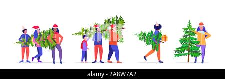 set people carrying freshly cut down christmas tree winter holidays celebration concept horizontal full length vector illustration Stock Vector
