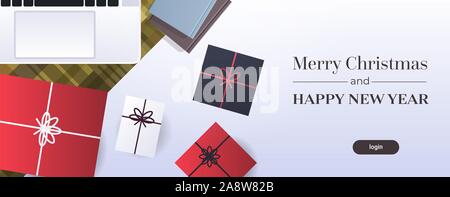 happy new year merry christmas poster workplace desktop top angle view table laptop gift present boxes greeting card flat horizontal vector illustration Stock Vector