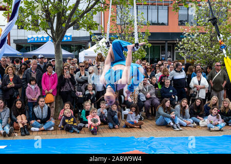 Melbourne, Australia - October 20, 2019: Circus acrobat performing live during Mornington music festival Stock Photo