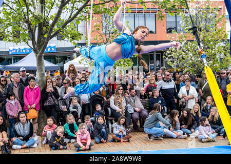 Melbourne, Australia - October 20, 2019: Aerial acrobat during live street performance Stock Photo