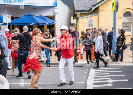 Melbourne, Australia - October 20, 2019: Street dancers in colorful outfits at Mornington music festival Stock Photo