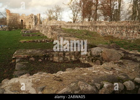 Dobele castle ruins in Latvia. Stone grounds in the territory of an ancient medieval palace. Stock Photo