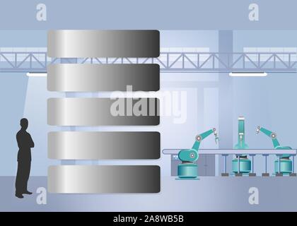 Industrial template infographics ready for your presentation. Robots are working on assembly line in factory interior. Silhouette of man is standing n Stock Vector
