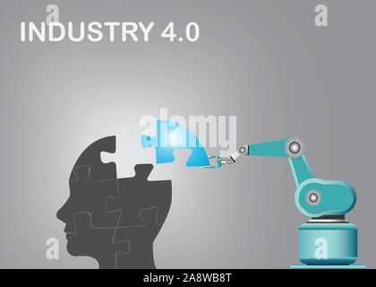 Industry 4.0 abstraction. Robot is inserting the remaining blue puzzle piece into a silhouette of a human head composed of puzzle pieces. Stock Vector