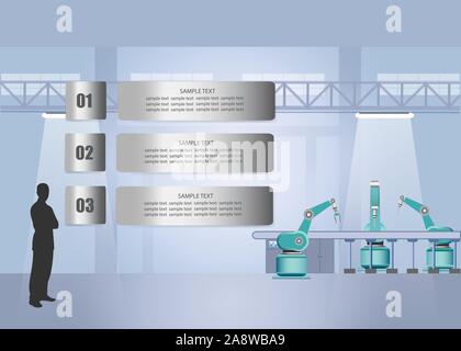 Industrial template infographics ready for your presentation. Robots working on assembly line in factory interior. Silhouette of man is standing next Stock Vector