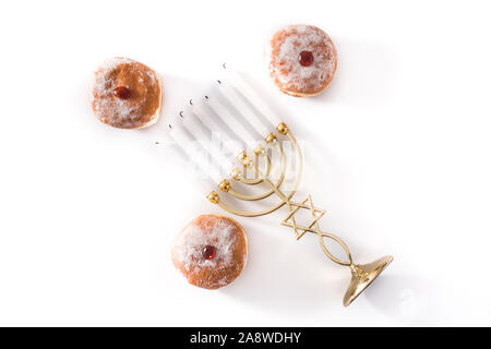 Jewish Hanukkah menorah and sufganiyot donuts isolated on white background Stock Photo